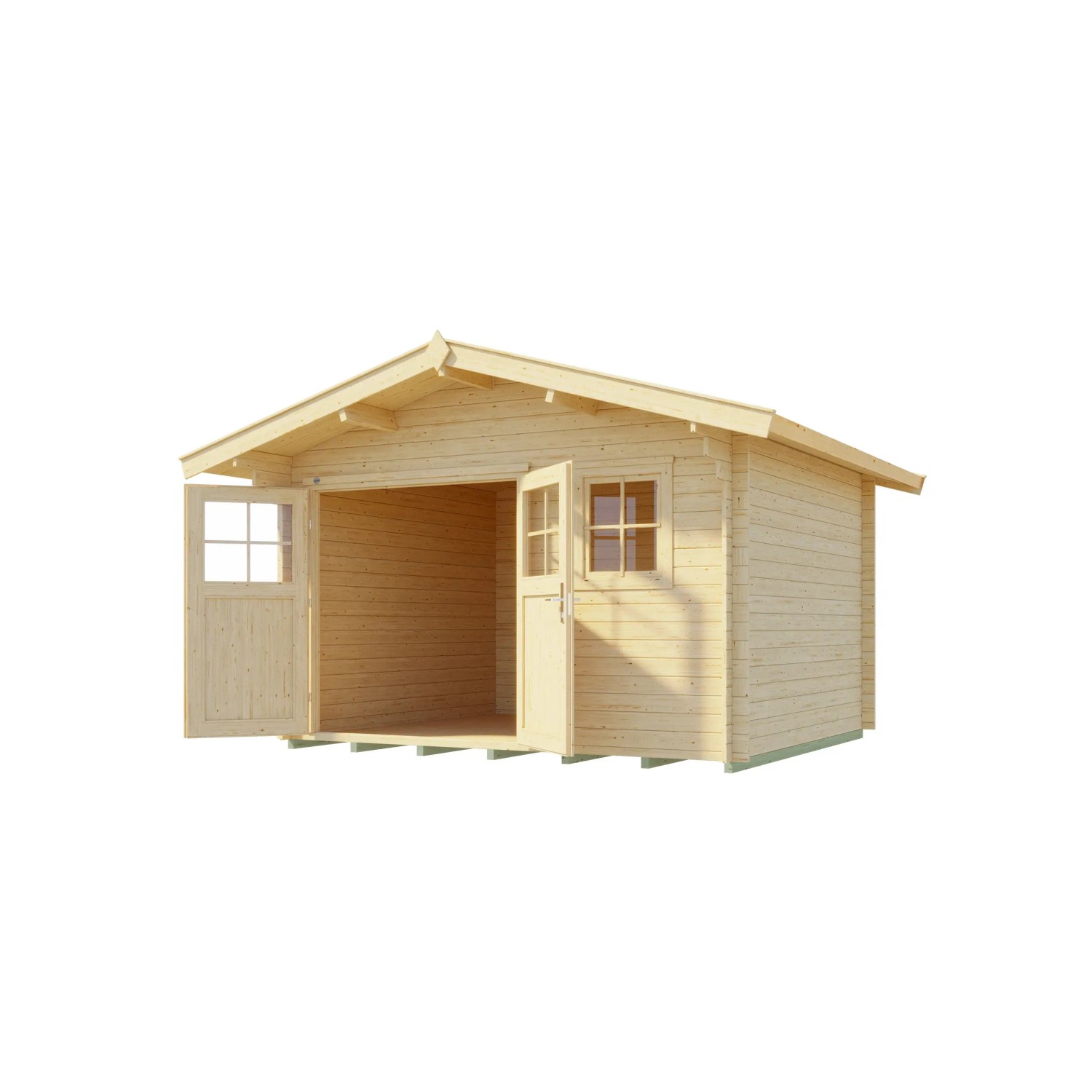 Unbehandeltes Weka Holz-Gartenhaus Sienna mit Satteldach, 340x370 cm, mit geöffneten Doppeltüren und Fenster.
