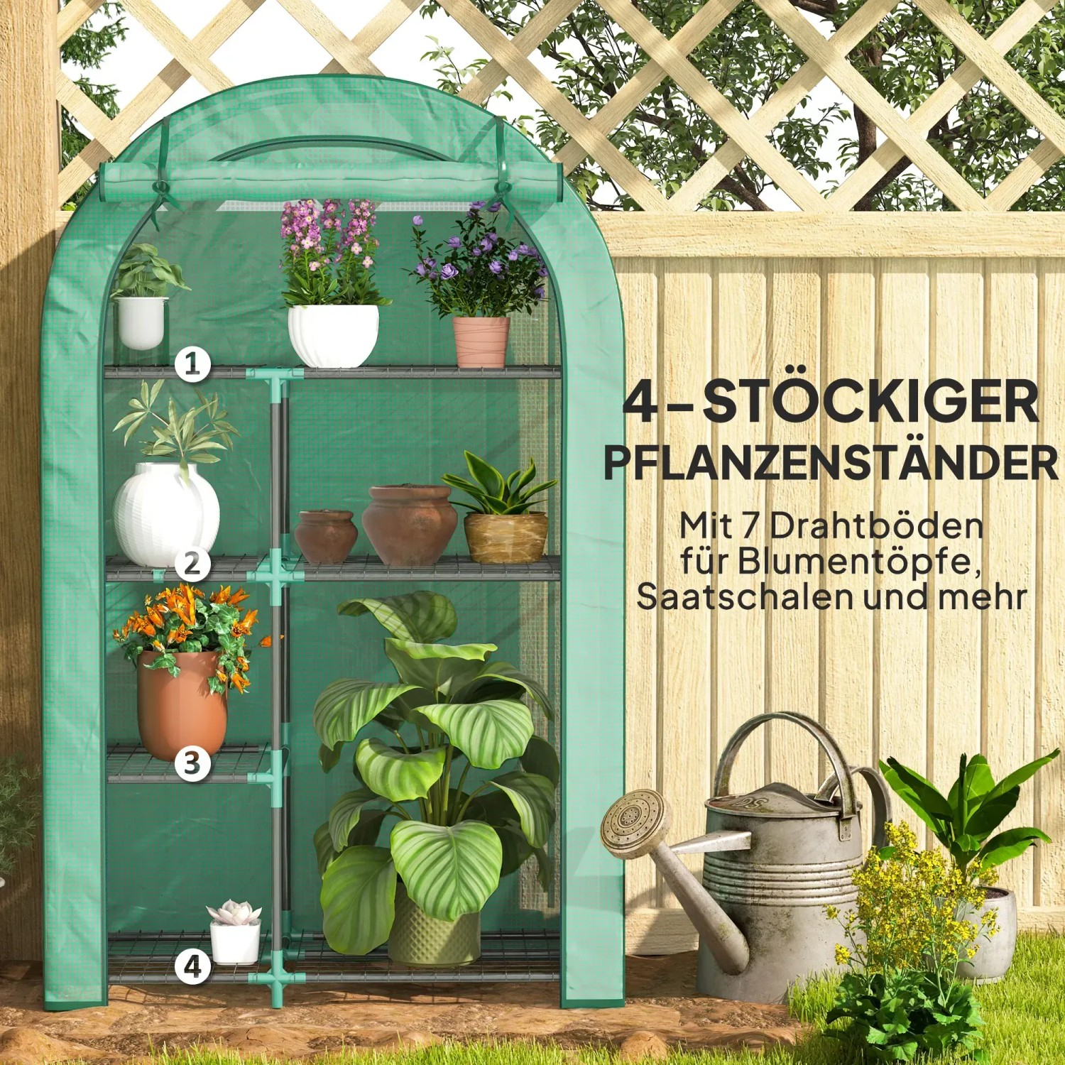 Outsunny Gewächshaus mit Runddach, 4 Ebenen für Pflanzen und Kräuter. Ideal für den kleinen Garten.