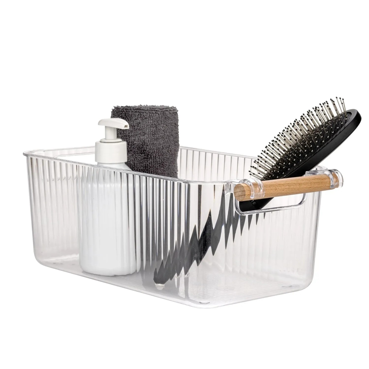 Wenko Badbox-Set Nantes, 3 transparente Kunststoffboxen mit Buchenholzgriffen, gefüllt mit Badutensilien.