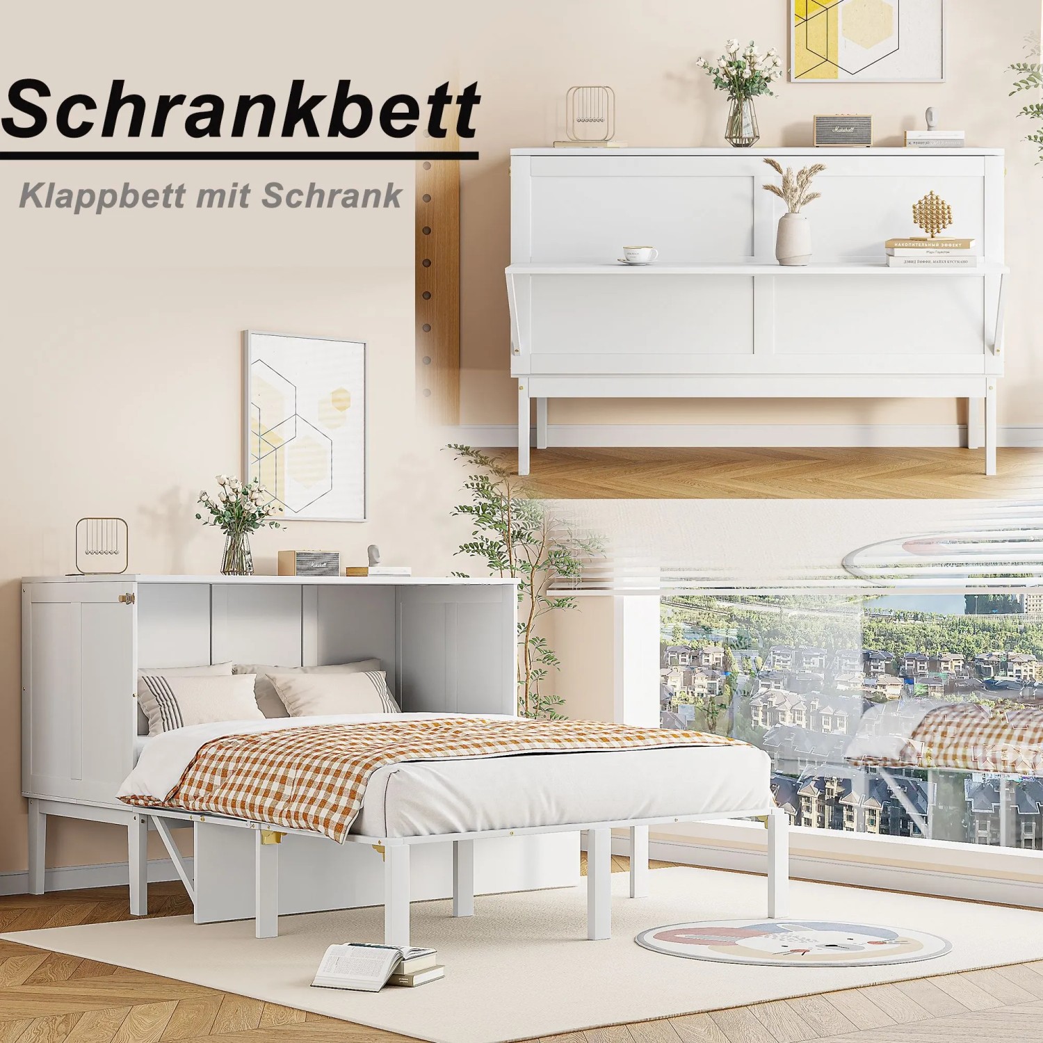 Weißes Merax Schrankbett 140x200cm, als Wandbett hochgeklappt und als Bett ausgeklappt. Platzsparendes Klappbett mit Lattenrost.