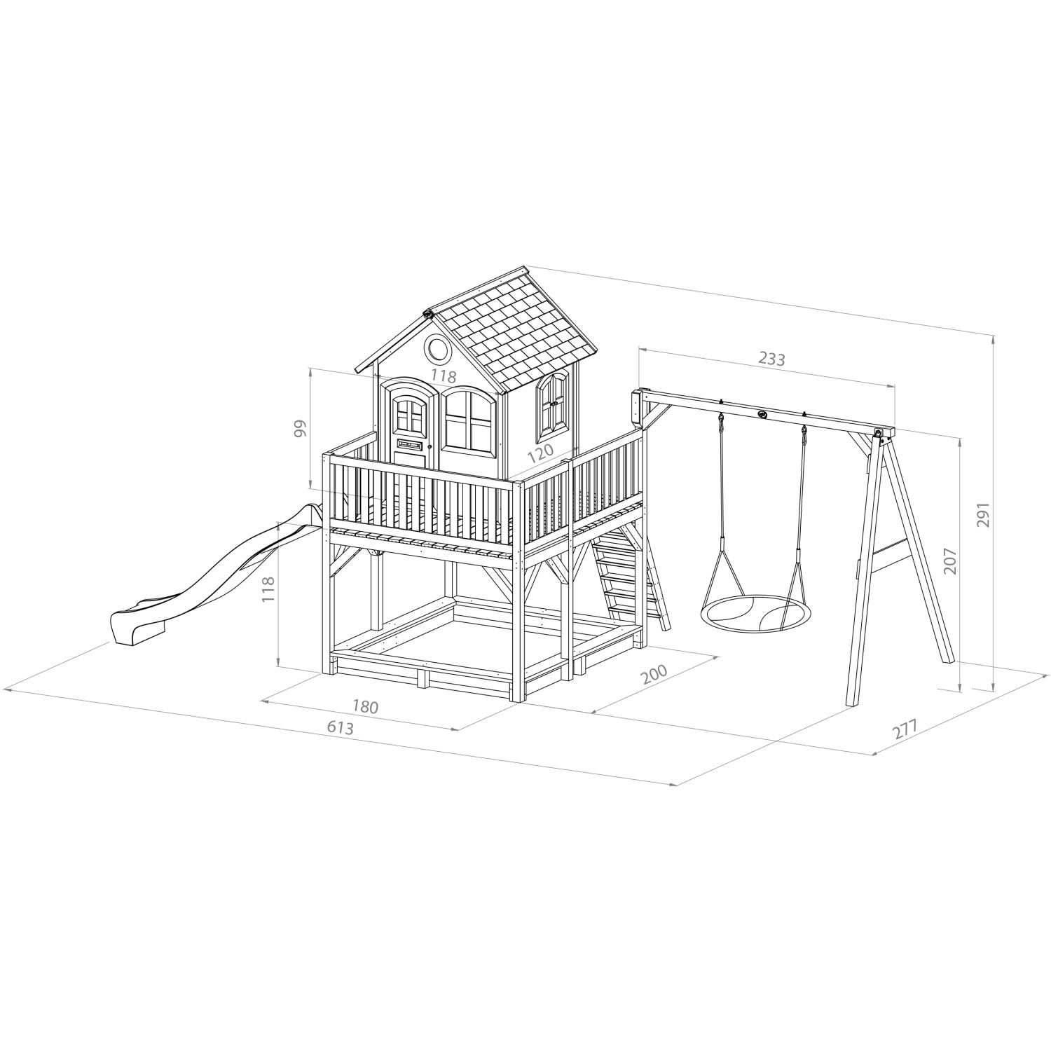 Axi Liam Spielhaus mit Nestschaukel, Rutsche, Sandkasten, braun-weiß. Abmessungen und Details.