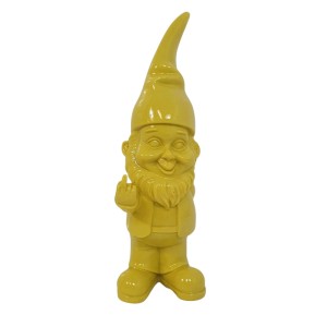 Gelbe Deko-Figur Zwerg mit Stinkefinger, 17,5 cm, aus Polyresin. Unkonventionelle Gartendekoration.