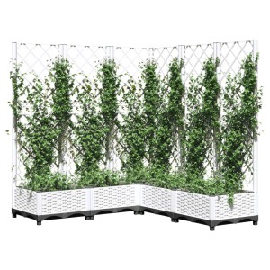 Weißer vidaXL Pflanzkübel mit Rankgitter und Kletterpflanzen, ideal für Garten und Terrasse.