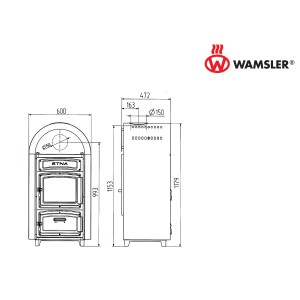 Technische Zeichnung Wamsler Etna Kaminofen (9 kW) aus Gusseisen mit Maßen.
