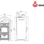 Technische Zeichnung Wamsler Etna Kaminofen (9 kW) aus Gusseisen mit Maßen.