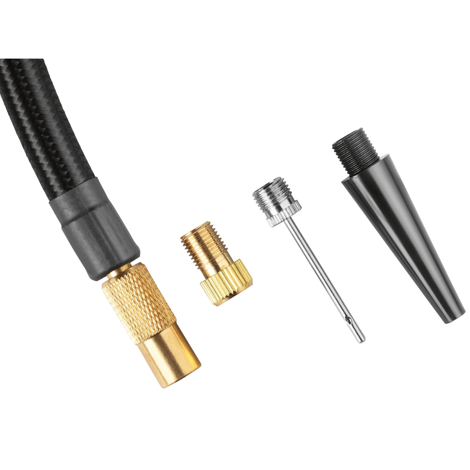 Adapter-Set für Bosch EasyPump Akku-Druckluftpumpe: Ballnadel, French-Ventil und Ballonadapter.
