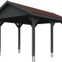 Satteldach-Carport Wallgau, schiefergraues Holz mit roten Dachschindeln, 380x500 cm.