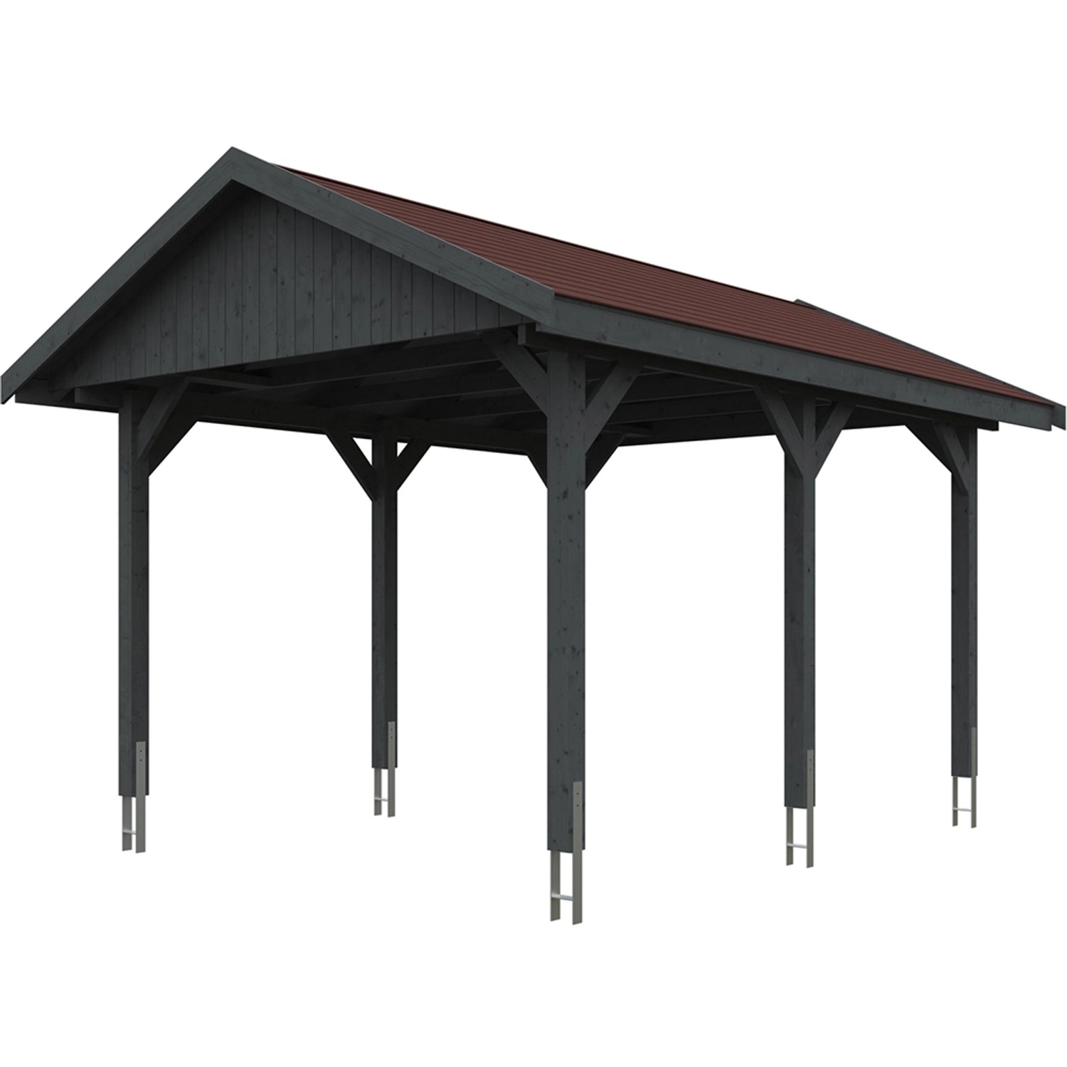 Satteldach-Carport Wallgau, schiefergraues Holz mit roten Dachschindeln, 380x500 cm.