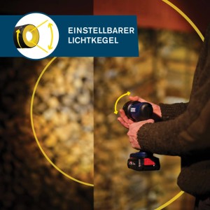 Rapid LED-Arbeitsleuchte mit Akku und einstellbarem Lichtkegel in Verwendung.