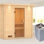 Woodfeeling Sauna Selena mit Ofen, LED-Dachkranz. Massivholzsauna mit Glastür und Saunaofen.