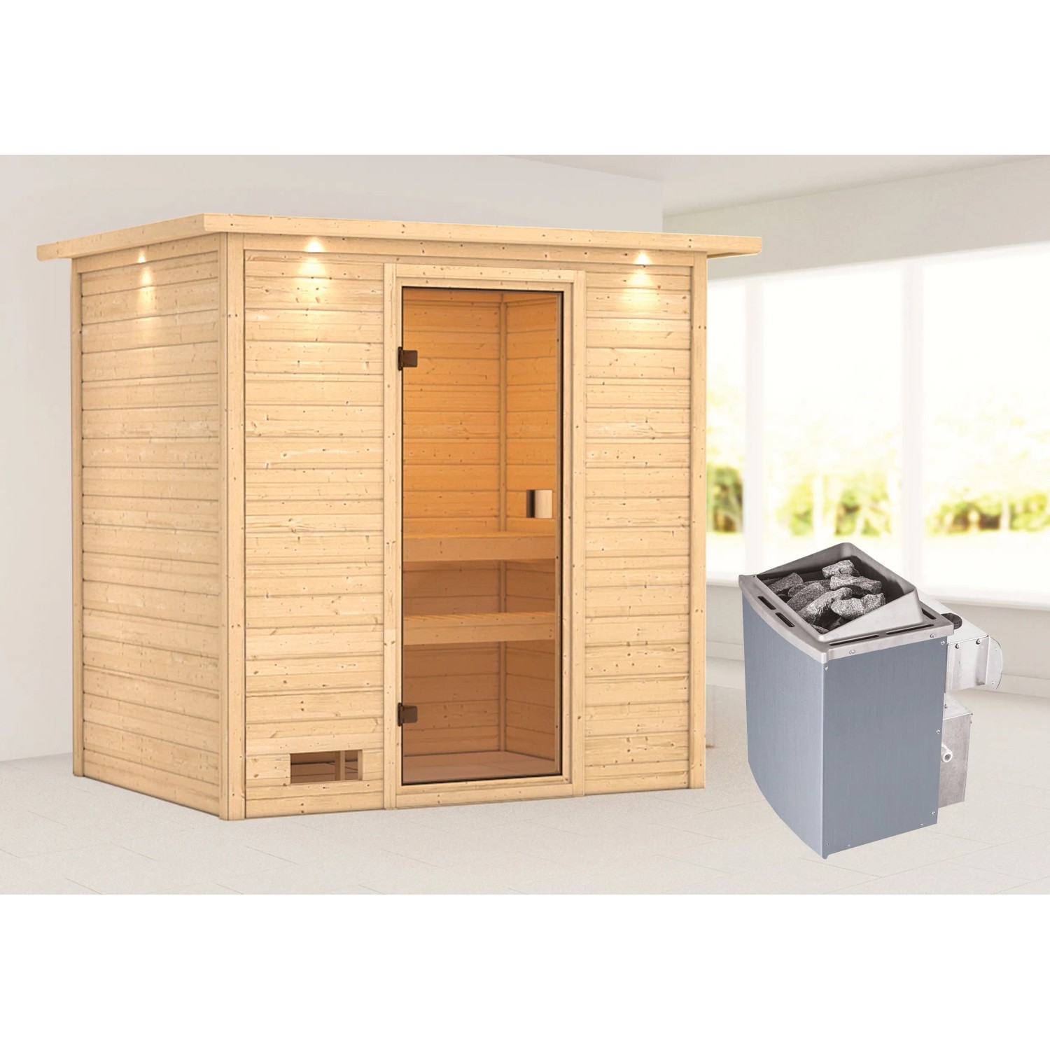 Woodfeeling Sauna Selena mit Ofen, LED-Dachkranz. Massivholzsauna mit Glastür und Saunaofen.