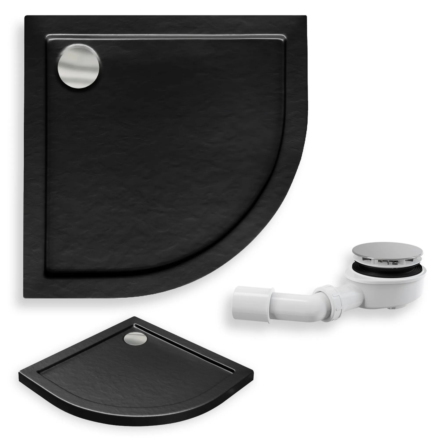 KOLMAN DUSCHWANNE Viertelkreis Schwarz Steinoptik 80x80 cm Set mit Ablaufgarnitur