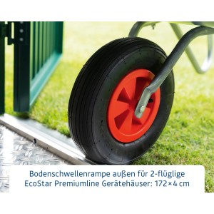 Hörmann Bodenschwellenrampe für Gartenhaus, aussen, 2-flügelig, mit Schubkarre auf Rampe.