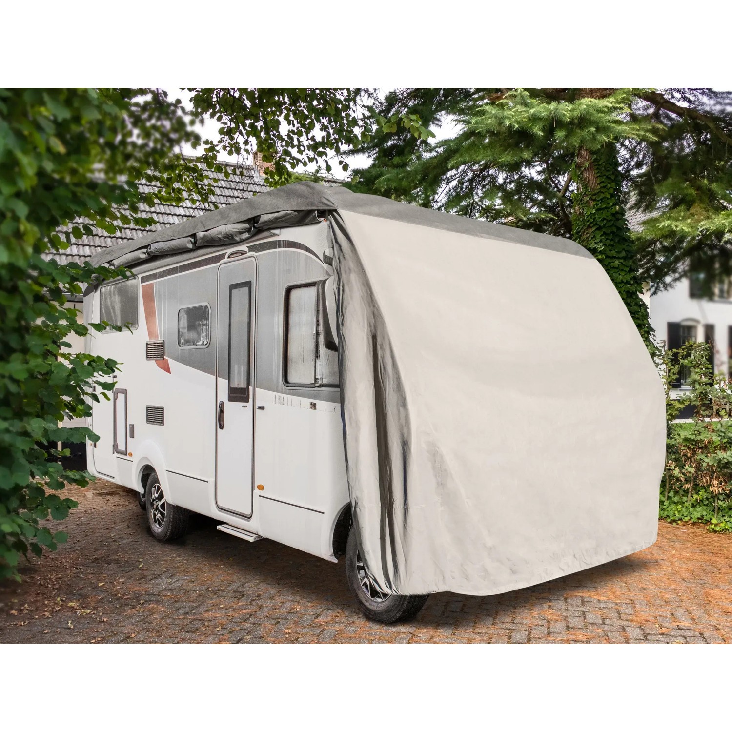Wohnmobil-Schutzhülle (830x235x270 cm) in Beige schützt vor Witterung und Schmutz.