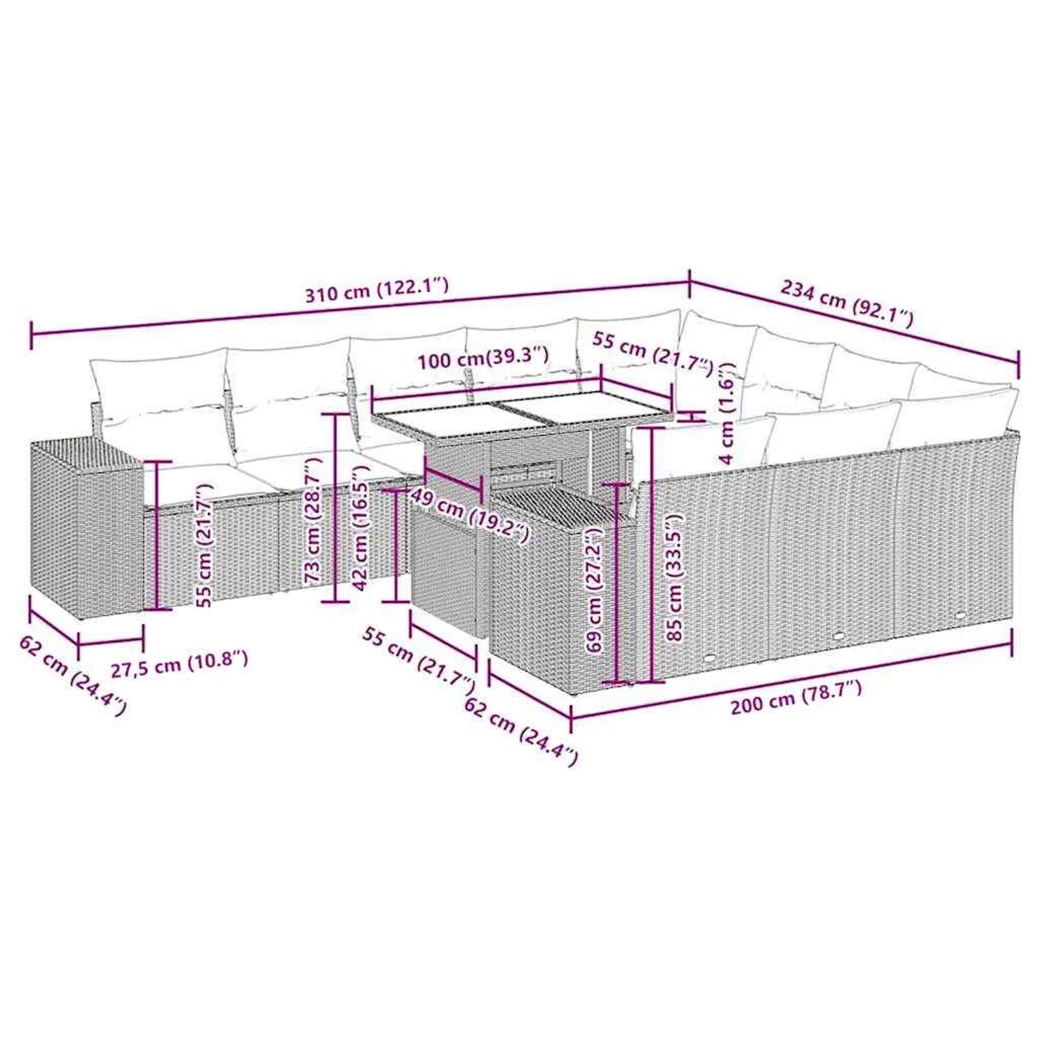 Braune vidaXL Garten-Sofagarnitur (11-tlg) aus Rattan mit Tisch und cremeweißen Kissen, Maße eingezeichnet.