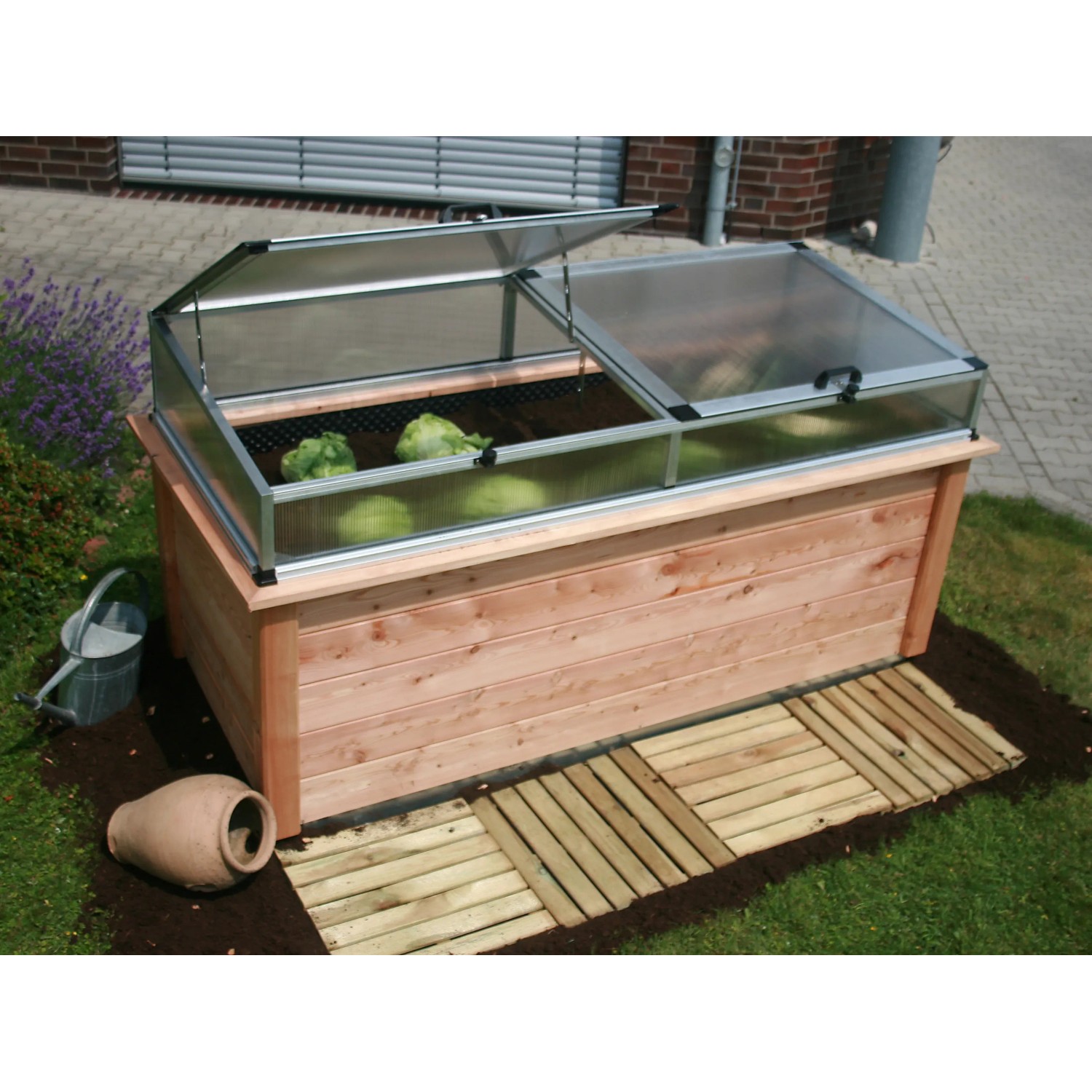 KGT Frühbeet-Aufsatz für Woody Hochbeet, Alublank mit geöffneten Klappen.
