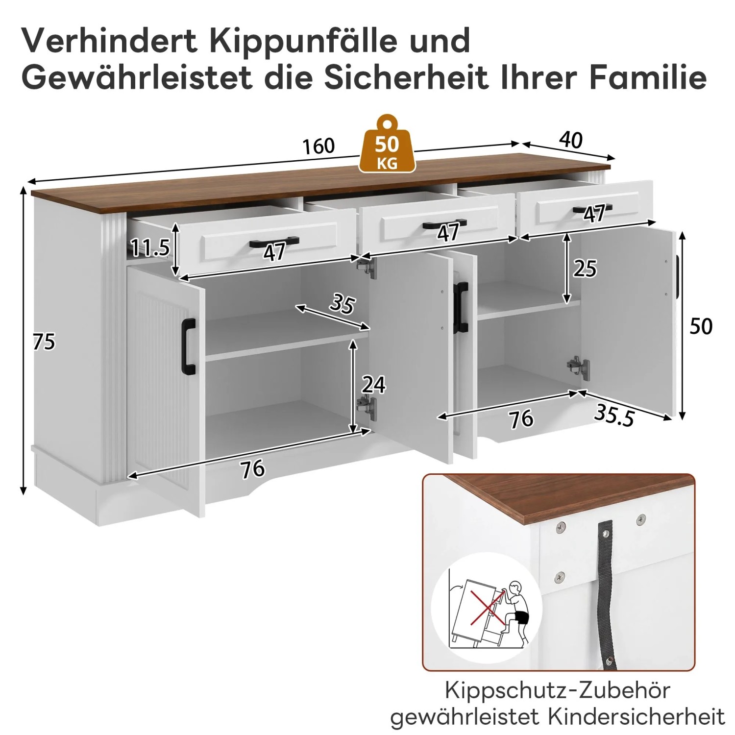 Weißes Merax Sideboard mit brauner Platte, 3D-Streifen Türen, 3 Schubladen, 4 Türen und Kippschutz. Maße: 160x40x75 cm.