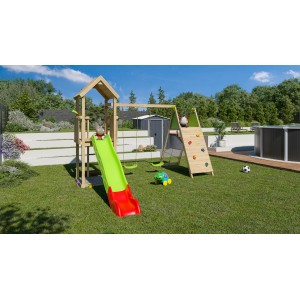 Trigano Spielturm Olympia Xplorer mit Rutsche, Schaukel, Kletterwand und Sandkasten im Garten.