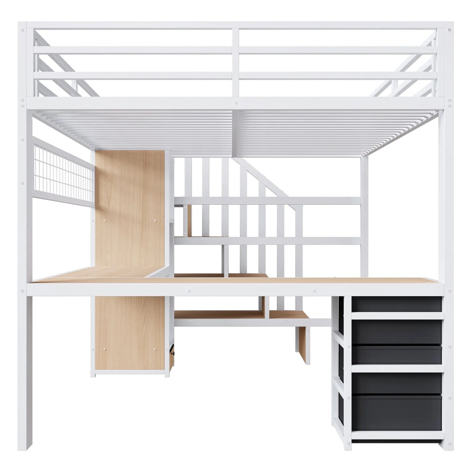 okwish Hochbett 140x200cm mit Schreibtisch 4 Schubladen Weiß ohne Matratze