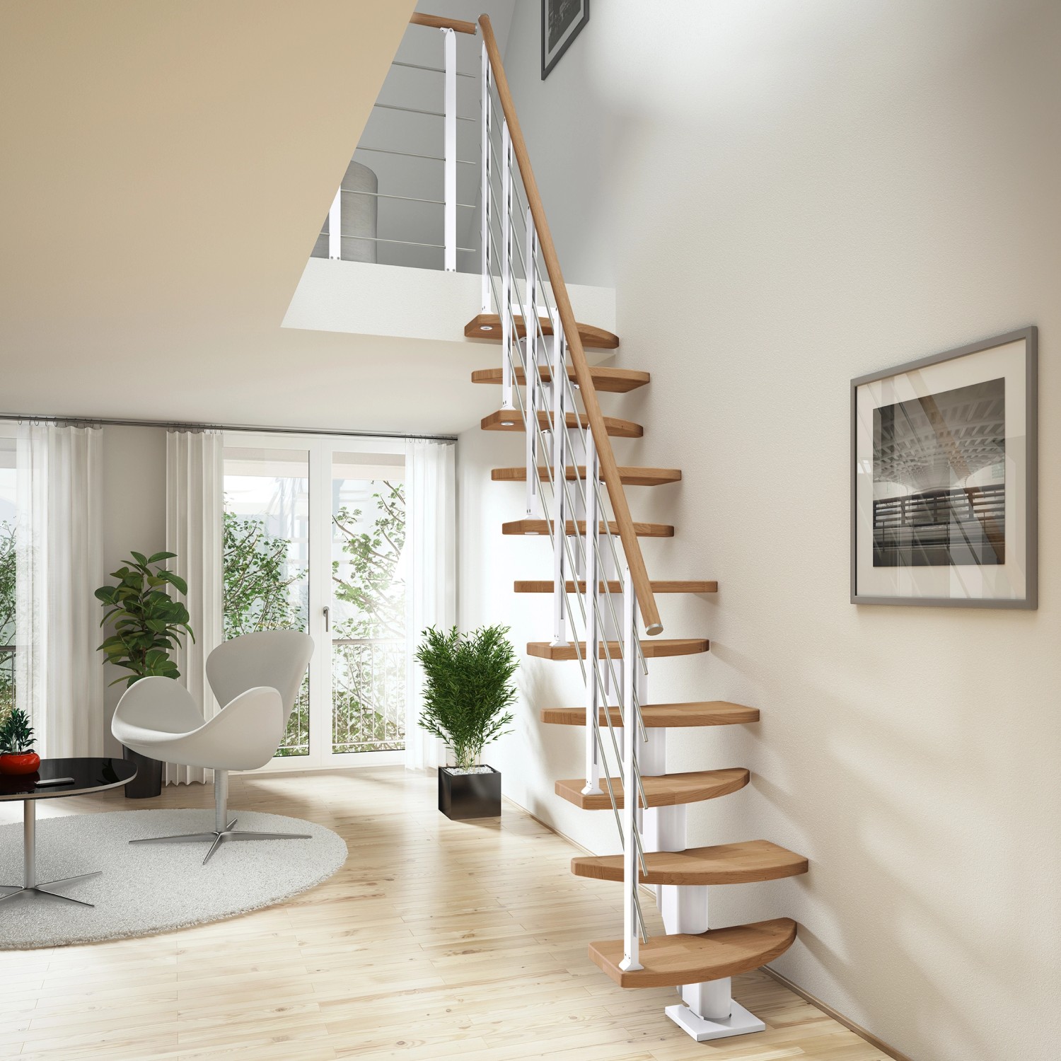 Dolle Mittelholmtreppe Berlin Eiche, variable Treppe mit Holzstufen und weißem Geländer im Wohnraum.