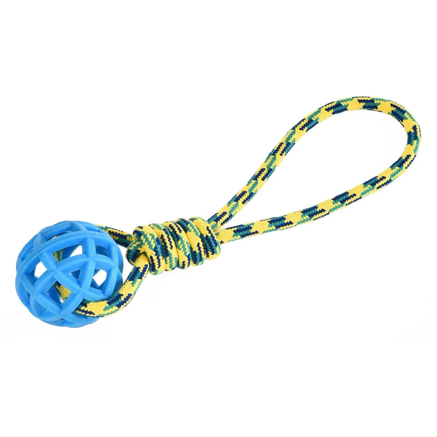 Hundespielzeug: Blauer Gitterball am Seil, Teil des 6-teiligen Outdoor-Sets.