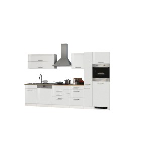 Moderne, weiße Küchenzeile Mailand 330 cm mit E-Geräten und hochglänzenden Fronten.