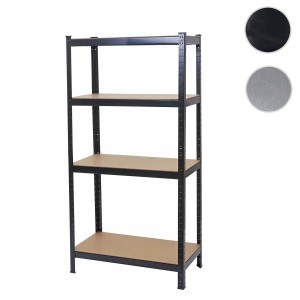Schwarzes MCW Schwerlastregal D67 mit 4 Böden aus MDF, ideal für Werkstatt und Lager.