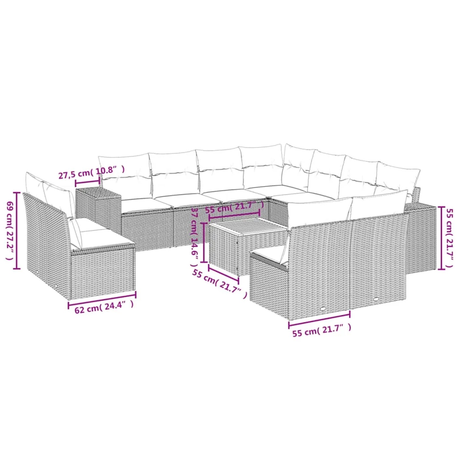 Beige 12-tlg. Garten-Sofagarnitur aus Polyrattan mit Kissen. Gartenmöbel-Set für Terrasse und Garten.