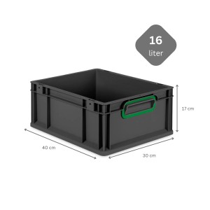 PROREGAL Eurobox Nextgen, 16 Liter, schwarz mit grünen Griffen. Aufbewahrungsbox.