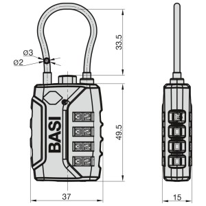 Basi Kofferschloss KS 625 TSA, schwarz, mit flexiblem Stahlseil und Maße.