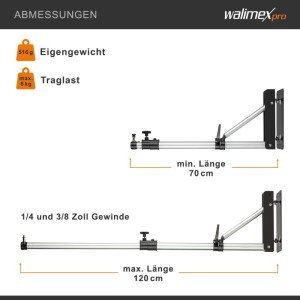 Walimex Pro Wand-Lampenstativ, 70-120cm ausziehbar, schwarz/silber, 6kg Traglast, Spigot, für Studioleuchten.