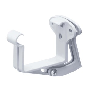Weißer, justierbarer PVC Stirnbretthalter für Kastenrinnen. Robuster Kunststoff-Dachrinnenhalter mit Schraubmechanismus.