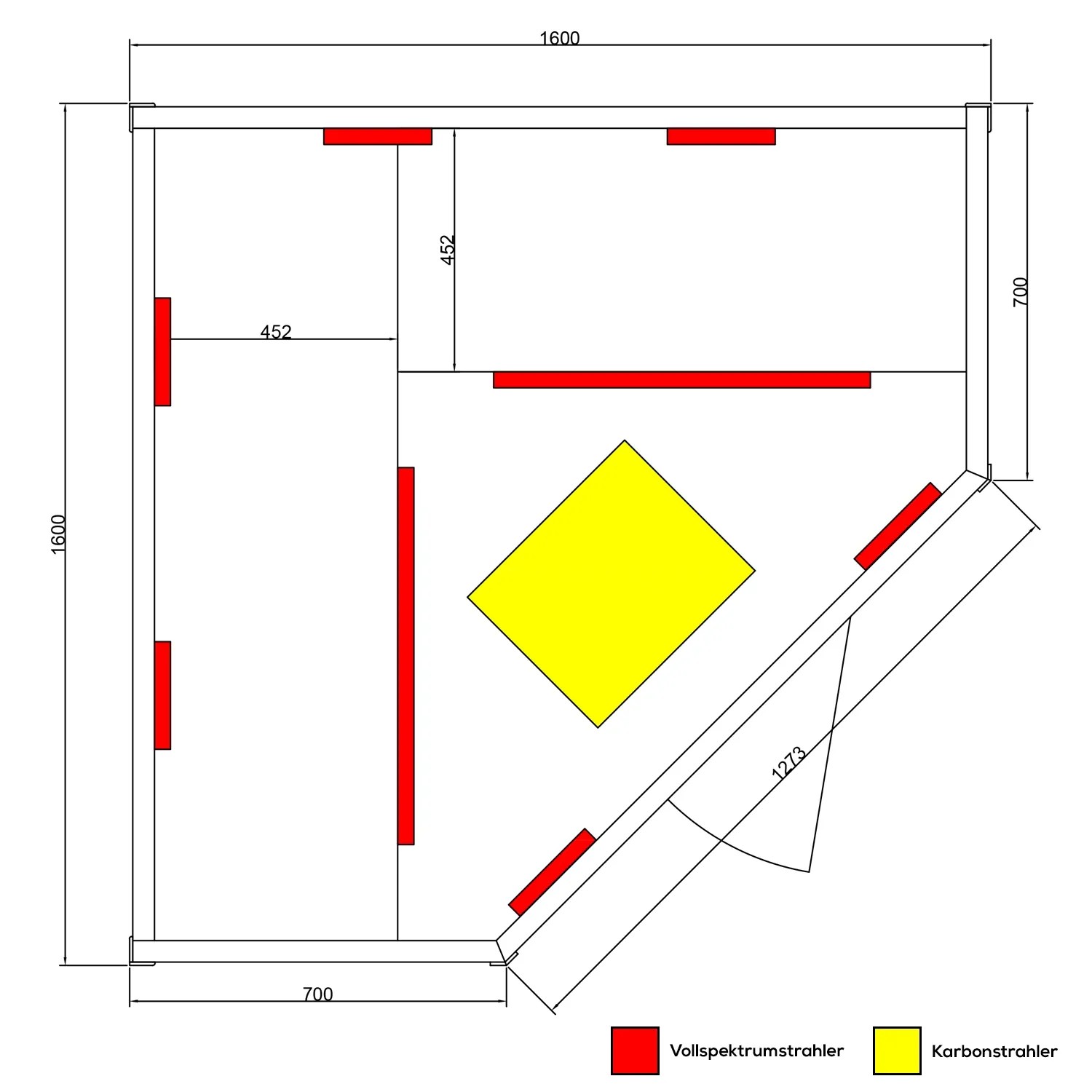 Skizze der Dewello Infrarotkabine Haley 160x160 mit Vollspektrum- und Karbonstrahlern.