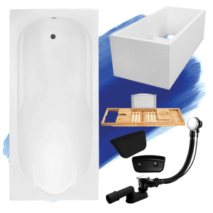 Weißes Badewannen-Set BONA 190x80: Rechteck-Acrylwanne, Wannenträger, Bambusablage, Kopfstütze, Ablauf, Füße.