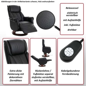 Schwarzer Leder-Relaxsessel mit elektrischer Aufstehhilfe, verstellbarer Fußstütze und walnussfarbenem Holzfuß. Drehbarer Sessel.