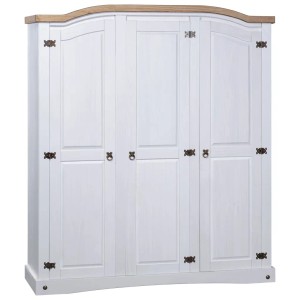 vidaXL Kleiderschrank im Mexiko-Stil, Kiefer, 3-türig, weiß mit brauner Oberplatte.