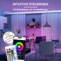 MegaLight Smart LED-Streifen im Wohnraum mit violetter Beleuchtung. Steuerung per Smartphone-App und Fernbedienung, RGB-Farbwechsel.
