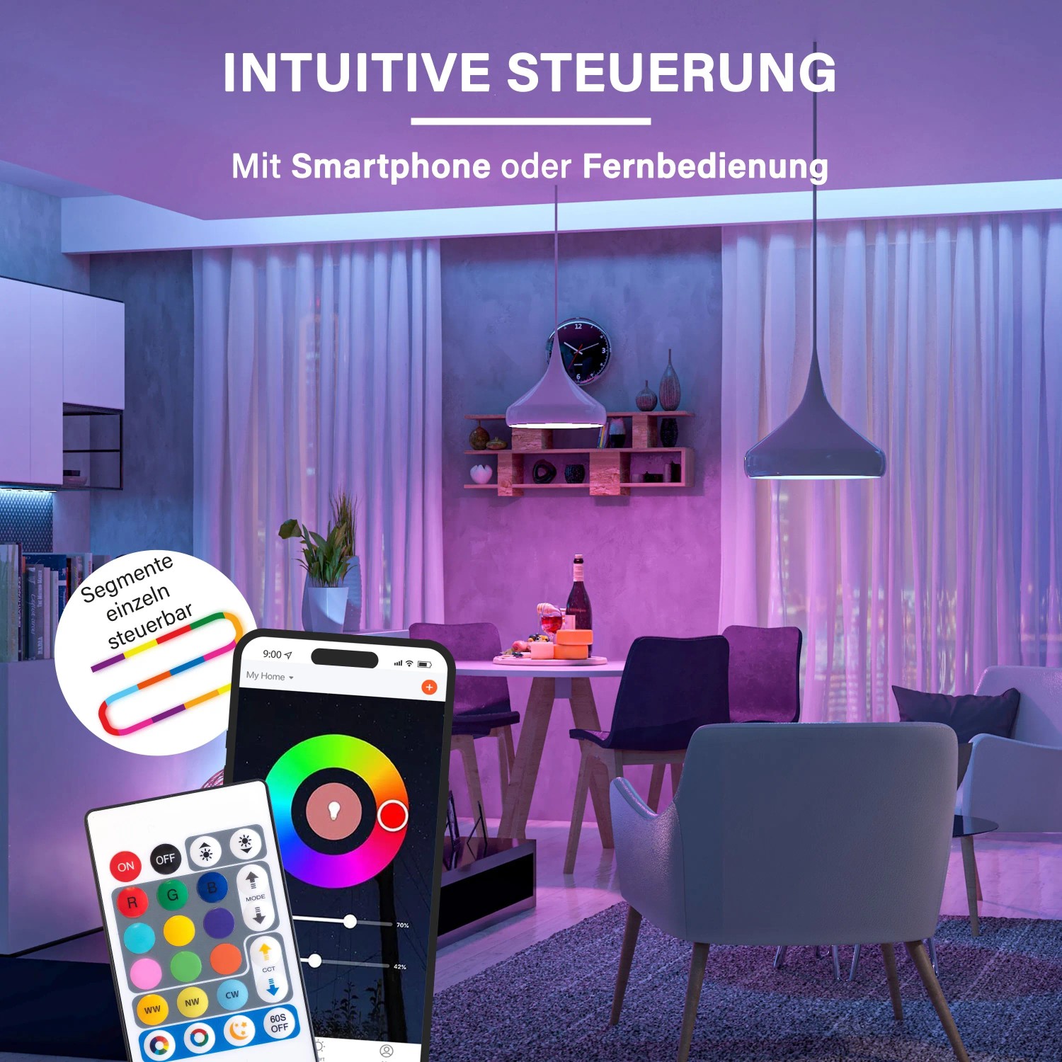 MegaLight Smart LED-Streifen im Wohnraum mit violetter Beleuchtung. Steuerung per Smartphone-App und Fernbedienung, RGB-Farbwechsel.