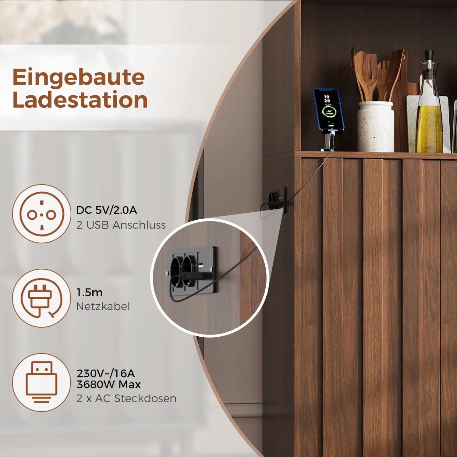 Merax Küchenschrank 180x105x40 cm LED Steckdosen Bücherregal Vitrine_7