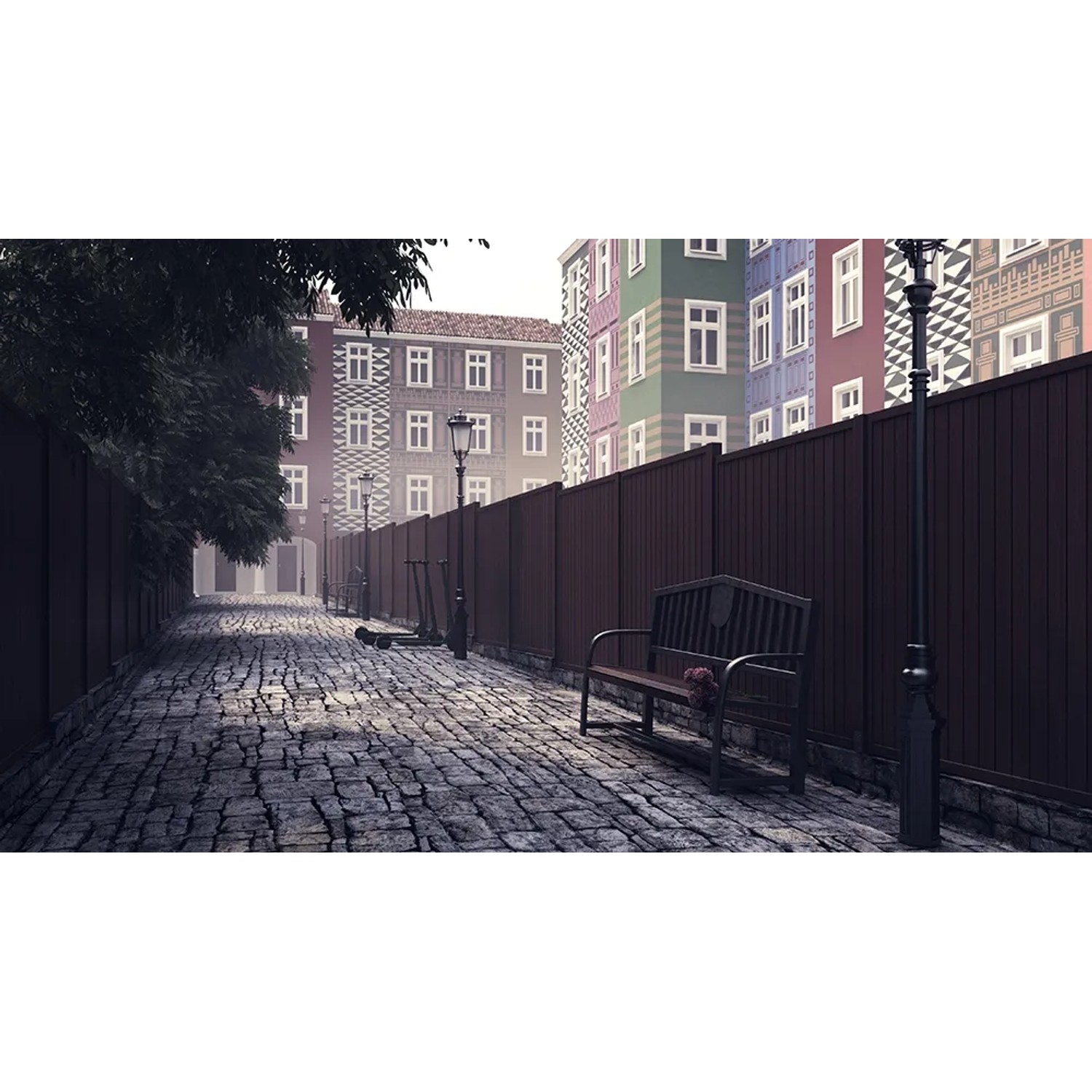 Braunes Sichtschutzzaunelement Oxford (180x180cm) entlang eines gepflasterten Weges.