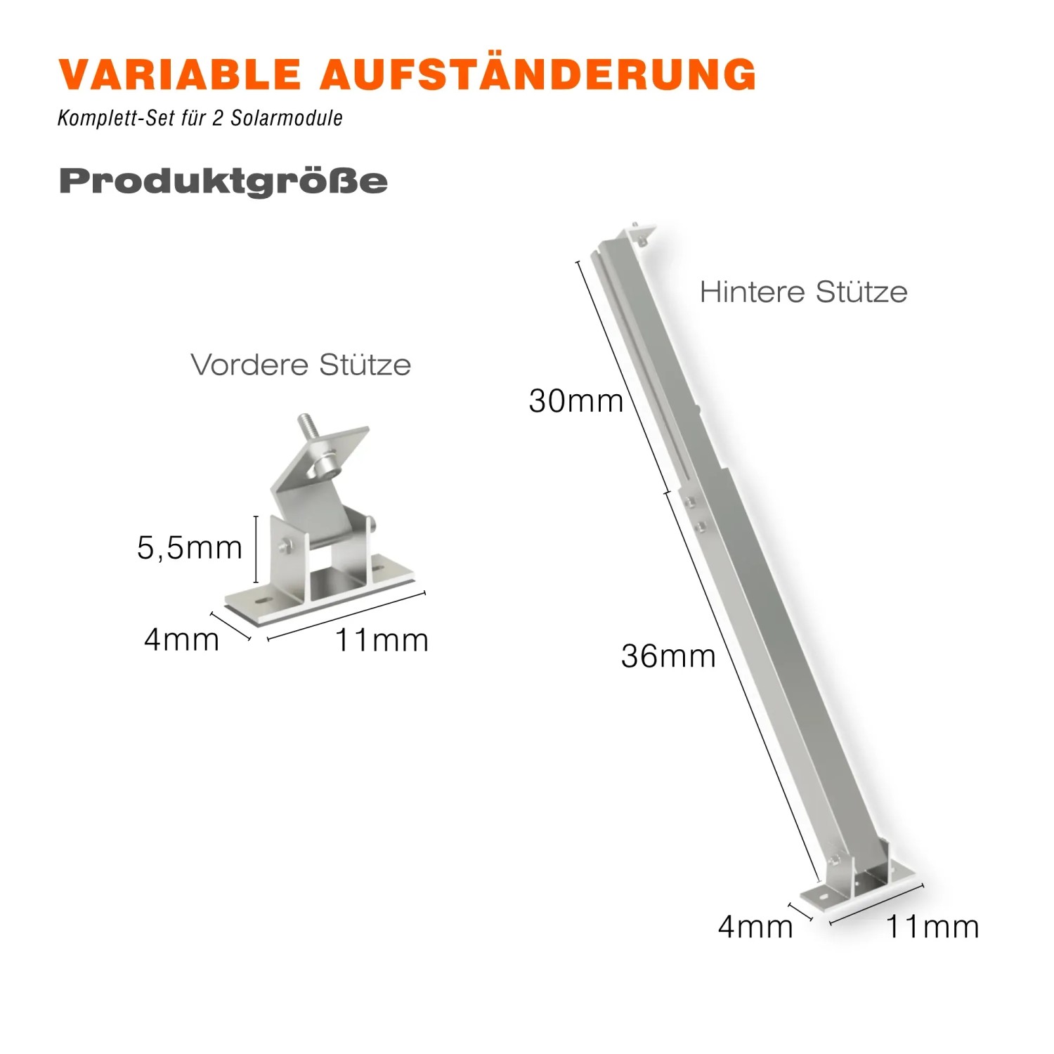 Balkonkraftwerk Halterung zur Aufständerung von 2 Solarmodulen, bestehend aus vorderer und hinterer Stütze.