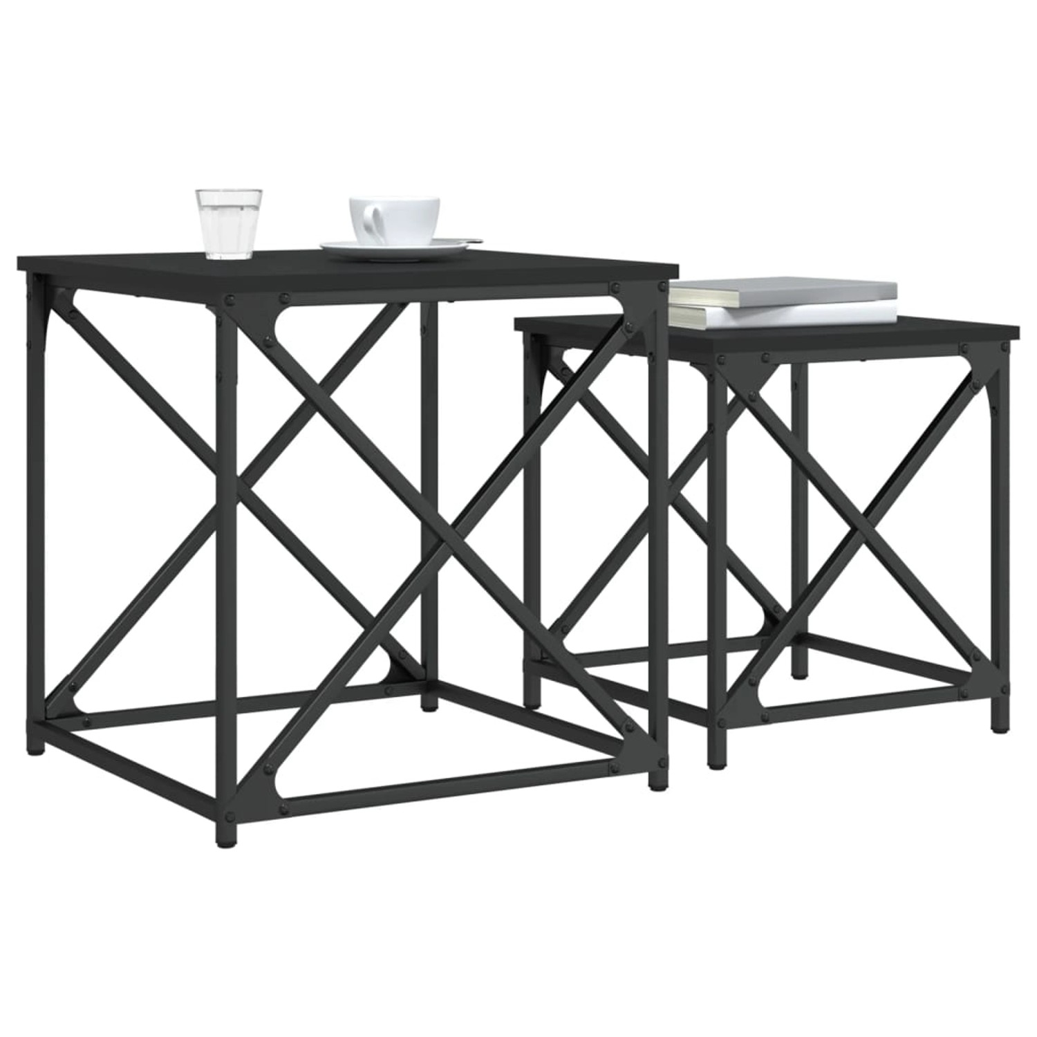 Satztische 2er Set, schwarz, Holzwerkstoff/Metall, industrielles Design. Couchtische für Wohnzimmer oder Büro.