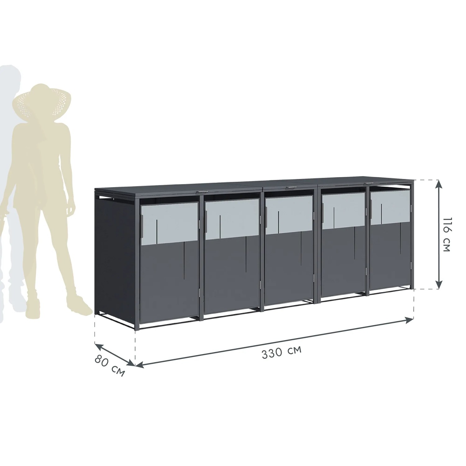 Anthrazitfarbene Westmann Mülltonnenbox Tonus 5 für fünf 240-Liter-Tonnen, Maße 80x330x116 cm.