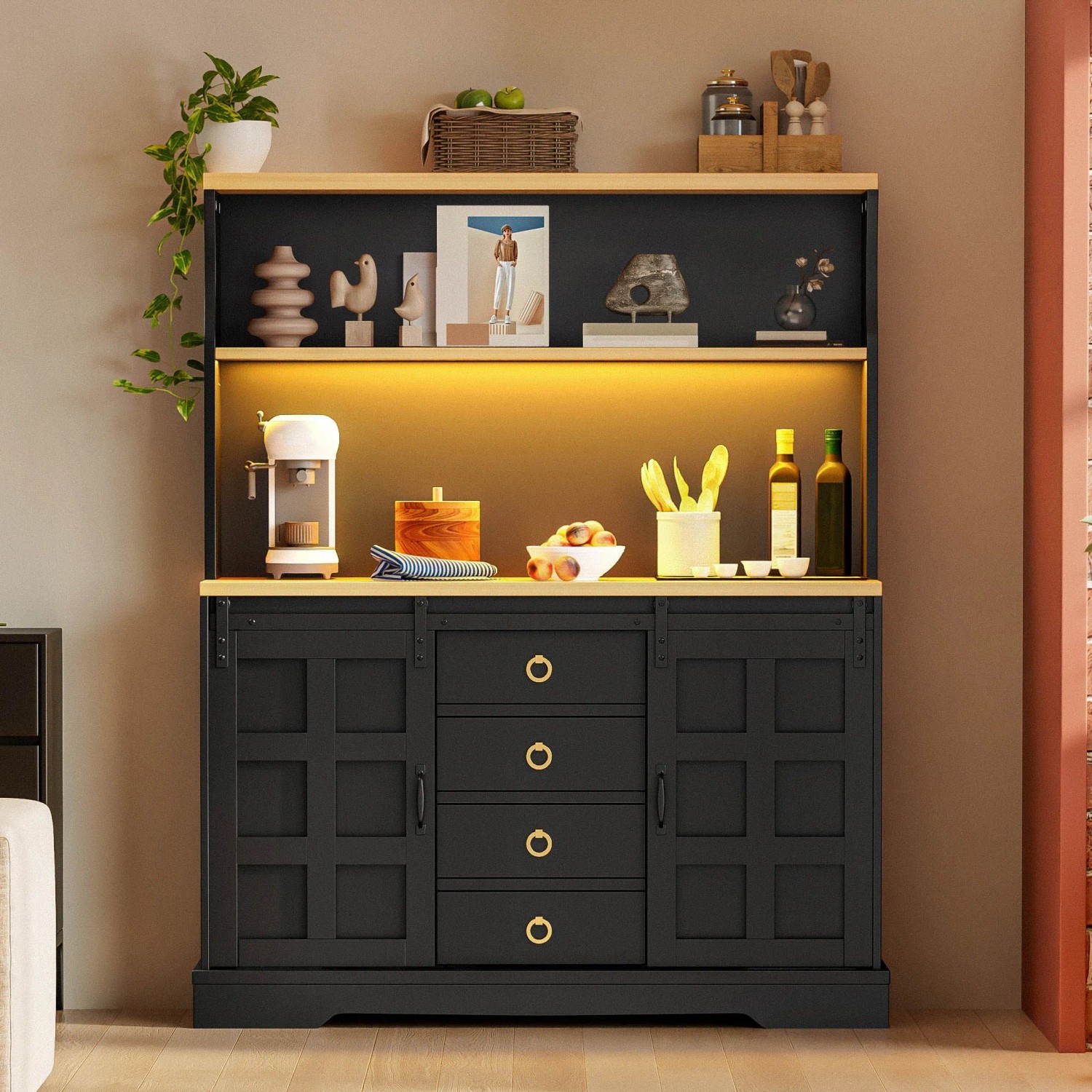 Merax Sideboard 150x120 cm LED Steckdose Weinregal 4 Schubladen Bar_4