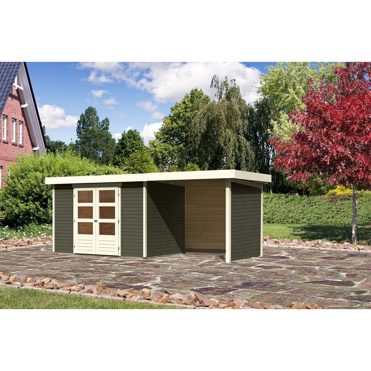 Karibu Holz-Gartenhaus Boras Terragrau Flachdach Lackiert 298 cm x 213 cm günstig online kaufen