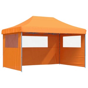 Faltbares, oranges Partyzelt mit 3 Seitenteilen und transparenten Fenstern.