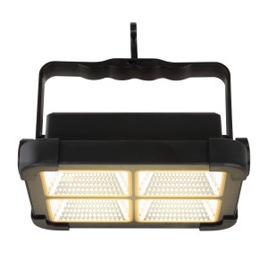 Schwarze Globo Solarleuchte aus Kunststoff, Ø 14,5 cm, mit Tragegriff und vier LED-Feldern.