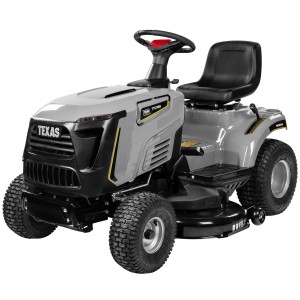 Texas Premium TTS108H Rasentraktor: Grauer Aufsitzmäher mit schwarzem Sitz und Lenkrad.