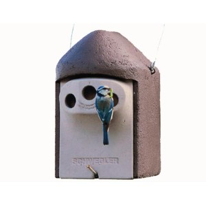 Schwegler Nisthöhle aus Holzbeton, braun-grau, mit Blaumeise vor den Einfluglöchern.