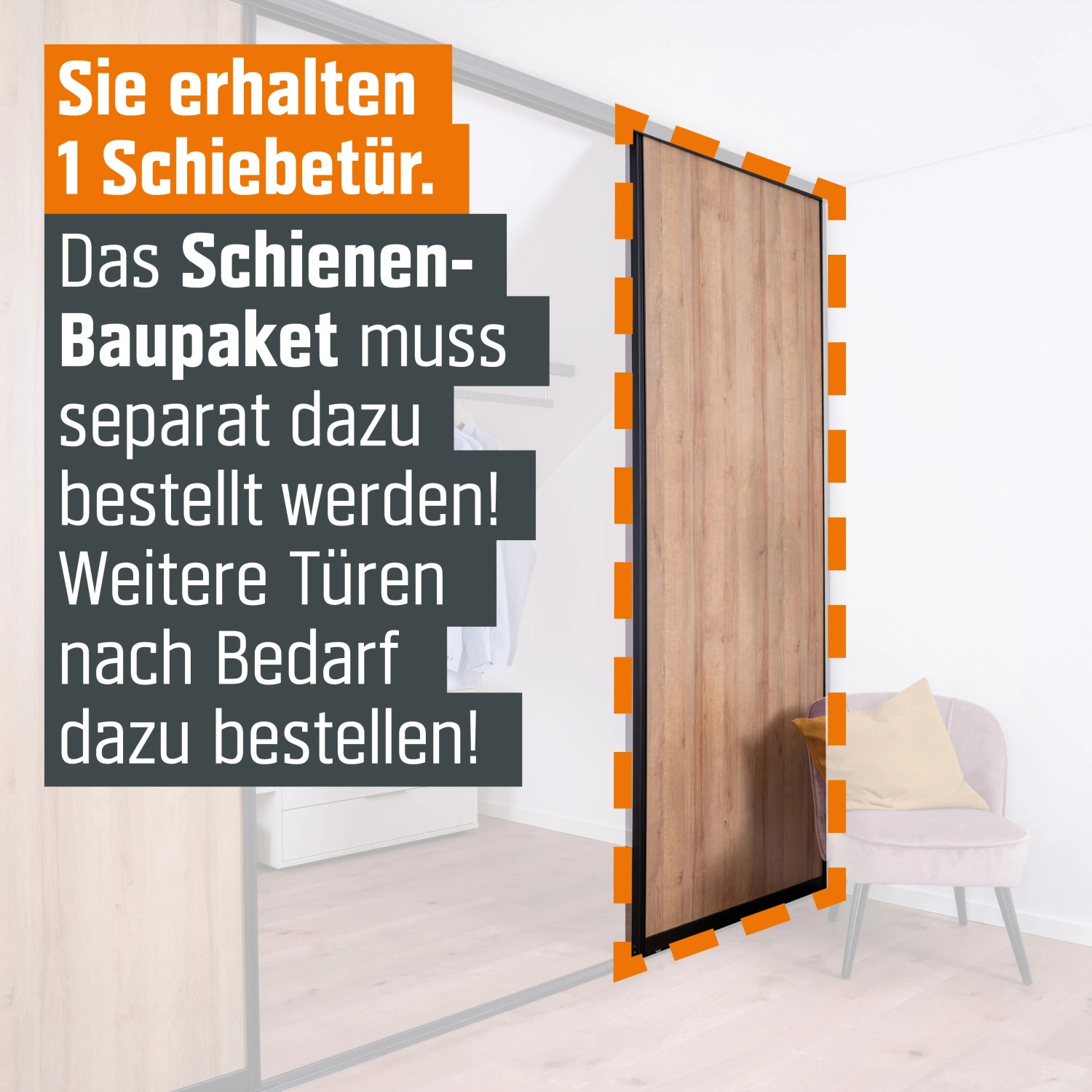 Schiebetür-Baupaket Eiche Country Dekor, Profil schwarz, max. 1022x2600mm. Für begehbare Schränke & Raumteiler.
